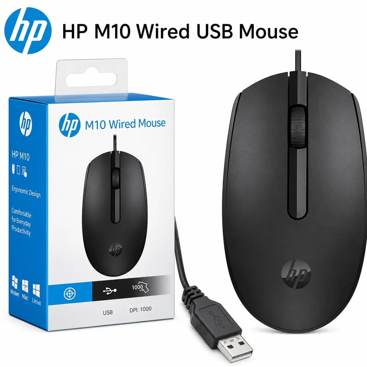 HP M10 Wired USB Mouse 1000 DPI – Ergonomic Plug & Play Optical Mouse for PC, Laptop & Desktop